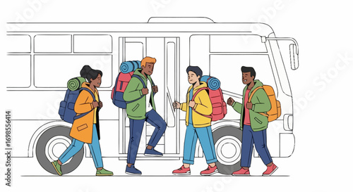 Diverse Group of Backpackers Boarding a Bus for Adventure, Ideal for Travel Agencies Promoting Eco-Friendly Tours and Sustainable Tourism Initiatives