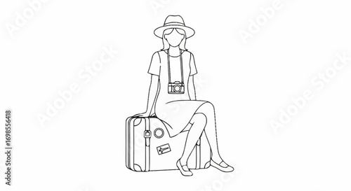 Minimalist Line Art of a Traveler Sitting on a Suitcase, Ready for Adventure and Exploration, Ideal for Travel Blogs, Guides, and Tourism Marketing