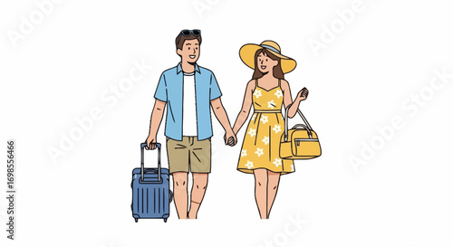 Happy Couple Traveling Together with Luggage and Handbag, Ideal for Travel Advertising, Vacation Planning, and Tourism Marketing Materials for Summer Holidays