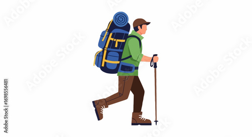 Hiker on a Mountain Trail with Backpack and Hiking Sticks for Adventure and Outdoor Activities, Ideal for Travel and Tourism Projects