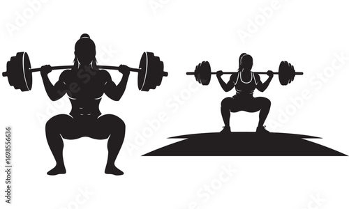 Female Athletes Performing Barbell Squats Silhouette