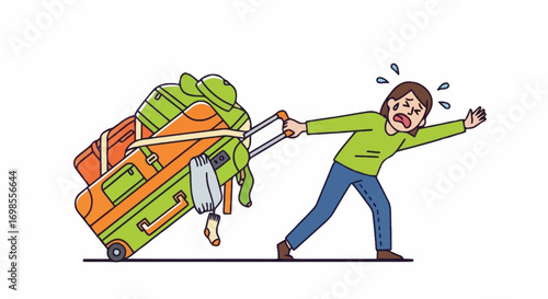 Cartoon illustration depicting a woman struggling with overloaded luggage. Suitable for travel blogs, humor articles, or illustrating travel challenges.