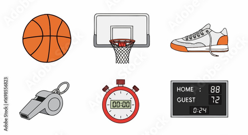 Illustrated Basketball Equipment Set for Sports Design, Animated Content, and Educational Materials About Basketball Rules and Game Elements.