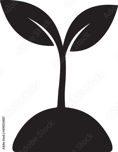 A small plant seedling growing from the ground in a black and white vector icon
