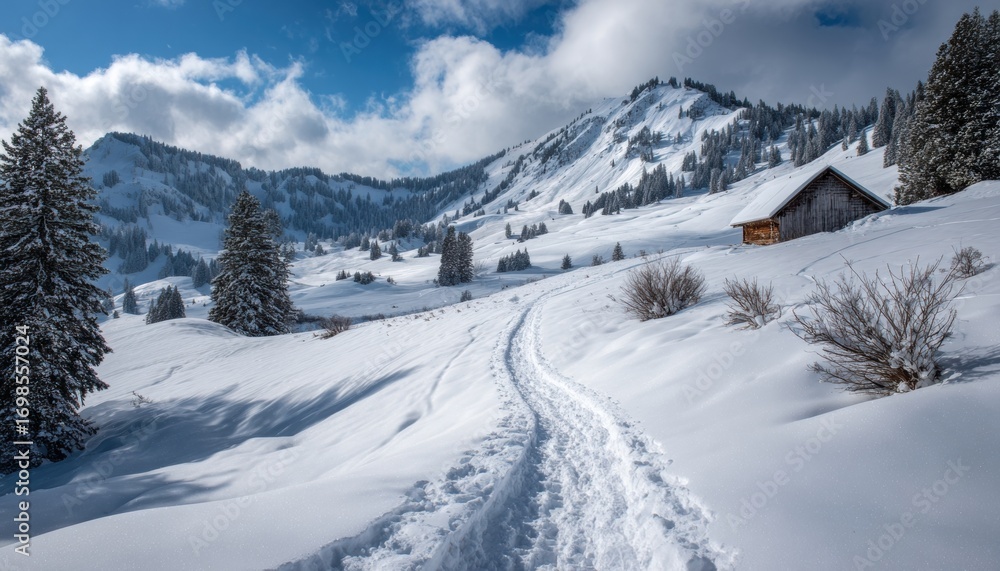 Fototapeta premium Snowy mountain trail toward a rustic cabin in winter