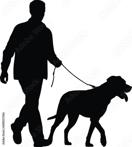 Silhouette of man walking dog on leash, pet walking graphic, black vector illustration of owner and canine outdoors, side view
