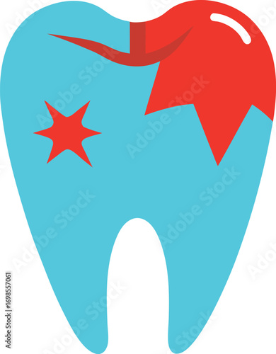 A cracked tooth with red damage marks  vector illustration on transparent background.