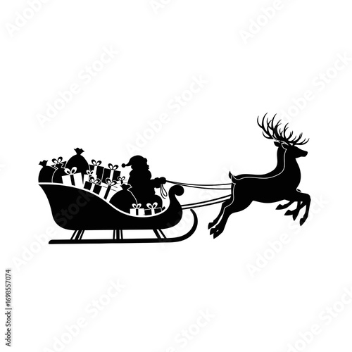 Santa claus in sleigh pulled by reindeer silhouette isolated on white background
