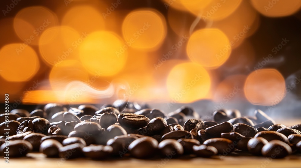 Obraz premium Freshly roasted coffee beans on wood with aromatic steam in warm directional light.