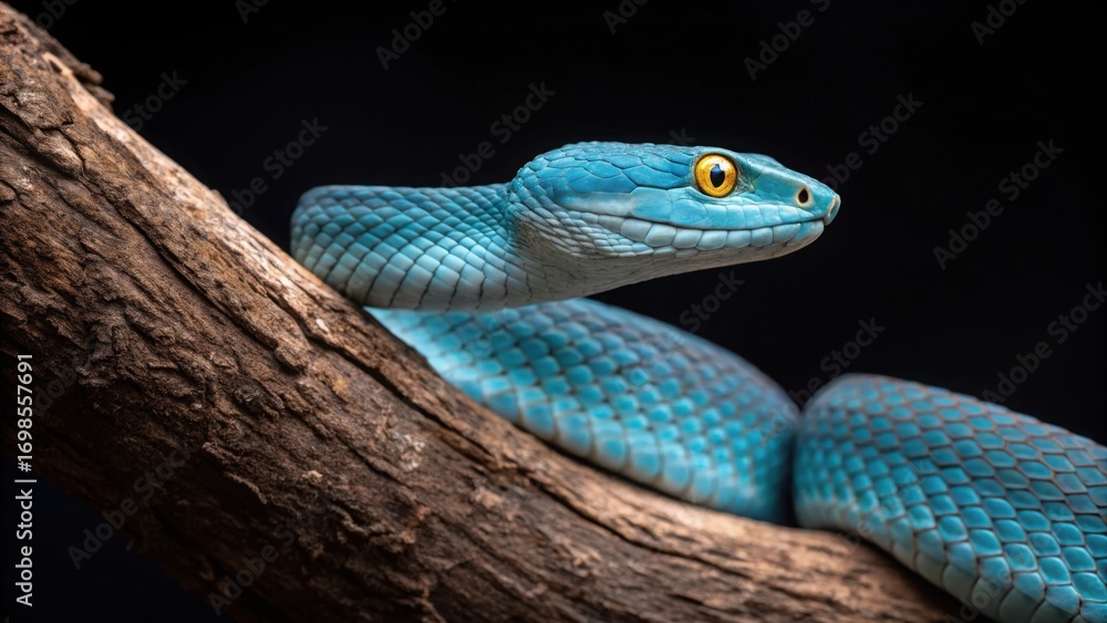 Naklejka premium Closeup of a blue viper snake resting on a tree branch at night