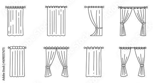 various styles of curtains displayed in neat rows