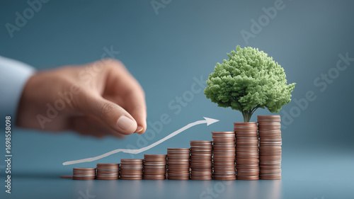 Stacks of coins with a growing tree and rising arrow conveying sustainable investment and long term wealth building through responsible finance and environmental stewardship.
