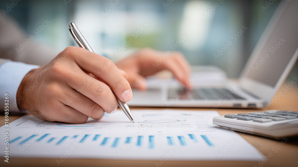 Fototapeta premium Hand reviewing reports beside a laptop and calculator illustrating financial analysis budgeting and accurate business decision making for sustainable growth.