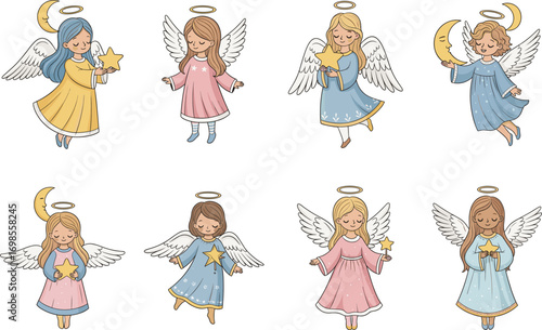 Cartoon angels with halos, wings, stars, and moons in colorful robes, spiritual character set for peace, fantasy, and divine themes