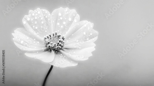 A white flower with a droplet of water on it. The flower is the main focus of the image