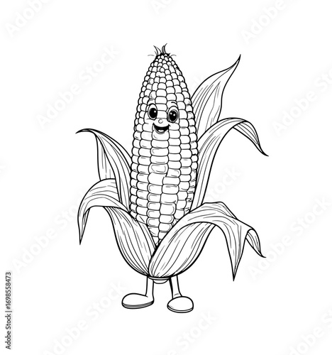 Kids coloring page, corncob character, coloring book page, vector illustration. AI
