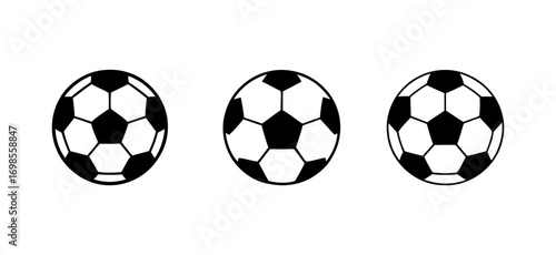 black and white soccer balls in a row. soccer ball isolated on white background