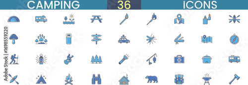 Collection of 36 camping icons for outdoor adventure and recreation themes vector