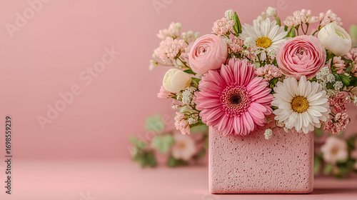 A pink vase with flowers in it sits on a pink background. Concept of warmth and happiness, as the bright colors of the flowers