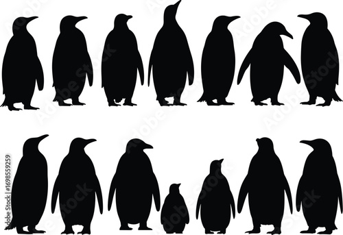 Penguin silhouette vector set, black penguin illustrations, arctic animal clipart, wildlife icons, antarctic birds, simple design, minimal art