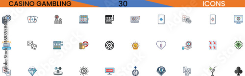 Collection of casino gambling icons featuring slot machines dice cards and more vector