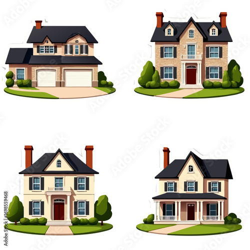 Four Colorful Cartoon Houses Depicting Various Architectural Styles and Designs.