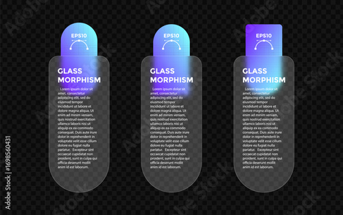 This template features three separate infographic panels with a glass morphing effect, ideal for displaying business data and statistics in an engaging manner for presentations.