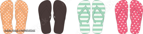 Cad drawing flat vector illustration of four pairs of colorful flip flops, summer footwear collection, beach sandals, fashion accessories, isolated on white background