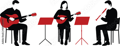 "Group of musicians playing classical instruments, guitar, mandolin, clarinet, seated with music stands, indoor musical performance, band practice session"