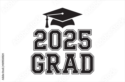 A black graduation cap with a gold tassel, "CLASS OF 2025" text, "CONGRATS!", a rolled diploma, and scattered stars, vector on white background. 