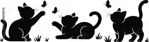 Black cat silhouettes playing, cute cats and butterflies, playful cats with butterflies, animal silhouette collection, nature pets vector art