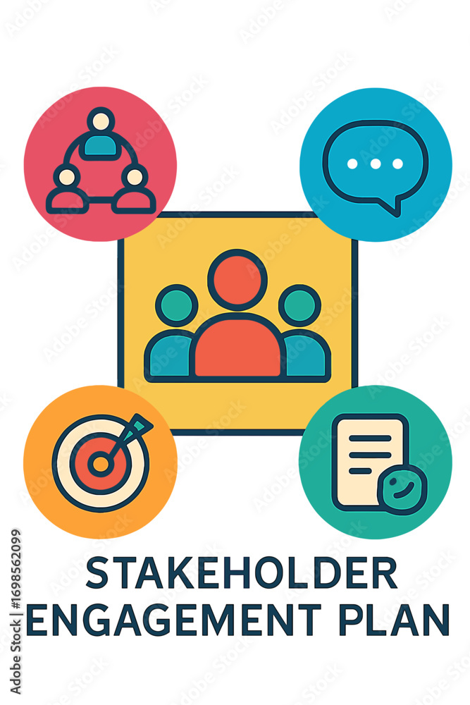 Fototapeta premium Stakeholder engagement plan with icons representing communication and collaboration