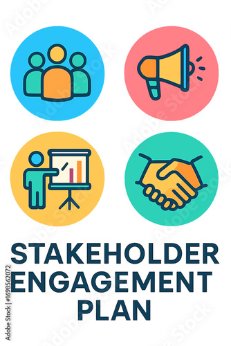 Stakeholder engagement plan with icons representing teamwork and communication