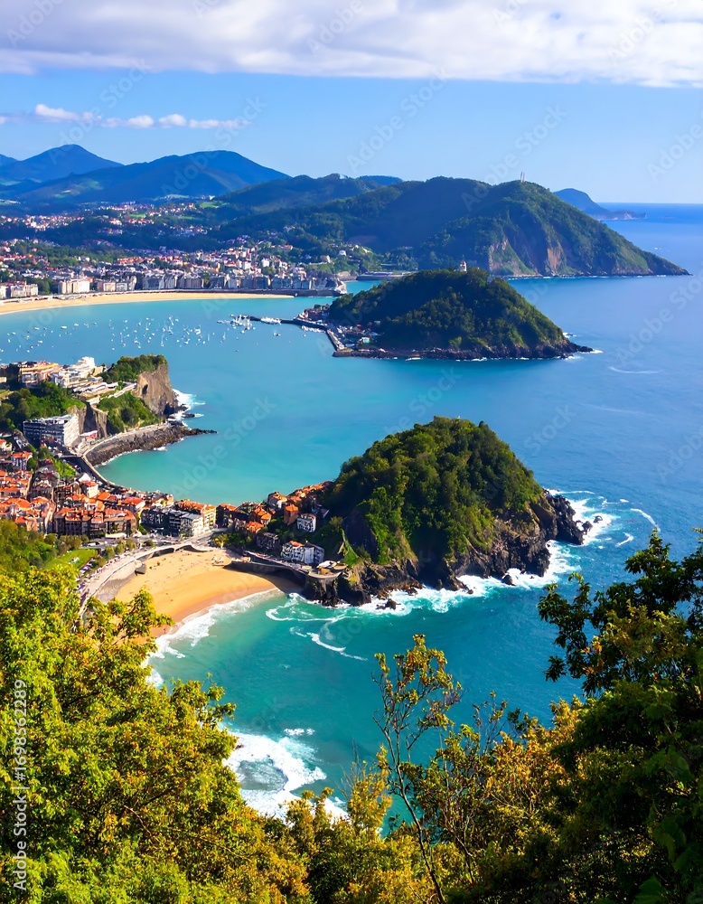 Obraz premium Panoramic coastal view of a Spanish town nestled beside a bay