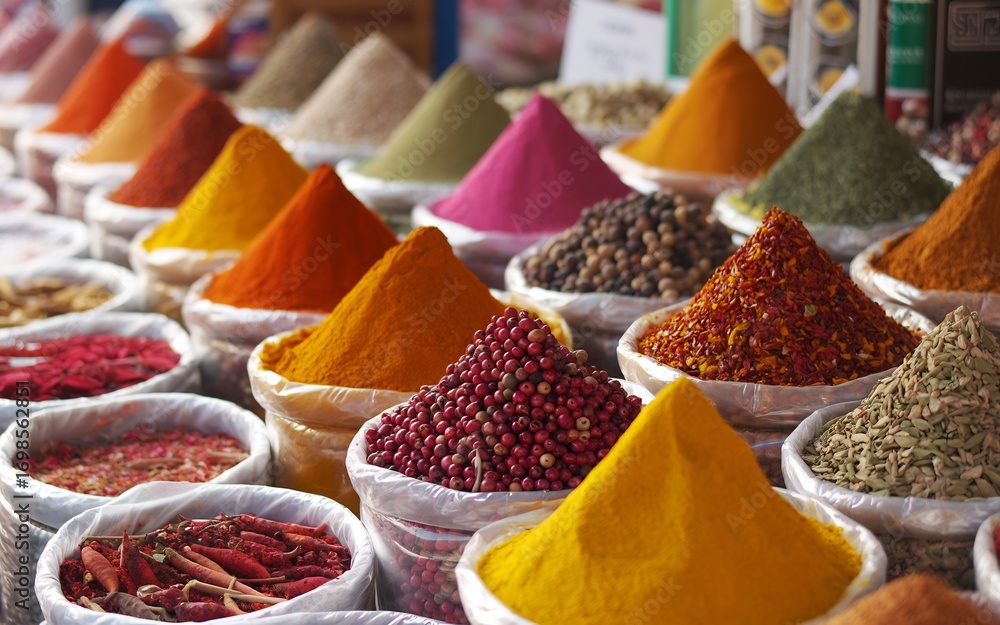 Fototapeta premium Colorful piles of ground spices and whole spices in bowls at an indian spice market