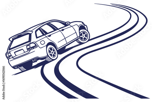 Car drifting on a winding road with tire marks