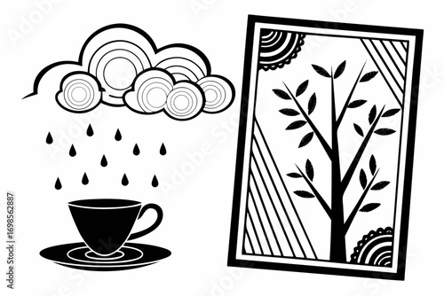 Stylized rain cloud over coffee cup next to framed tree art