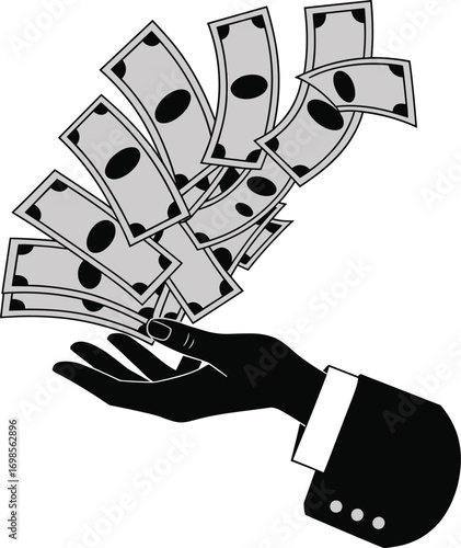 Hand holding money bills flying, financial success concept, cash flow illustration, wealth, business, investment, income, profit, banking, economic 