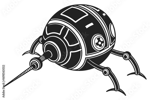 Stylized black and white illustration of a spherical robot with a probe