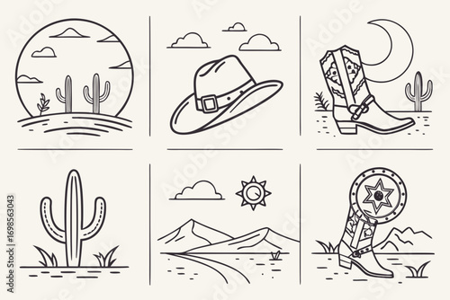 Western cowboy icons featuring cacti hats and boots