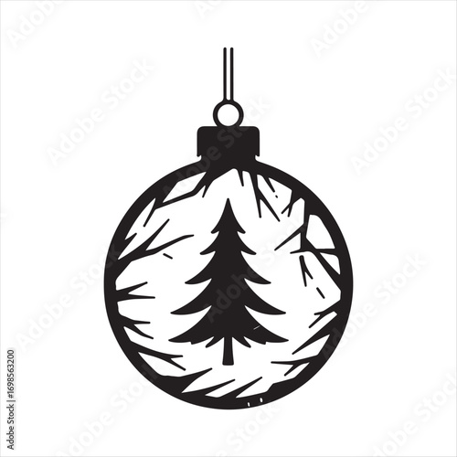 Christmas Ornament cracked with pine tree inside vector silhouette outline logo design concept illustration