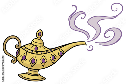 Golden genie lamp releasing purple smoke