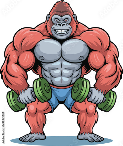 "Muscular cartoon gorilla lifting green dumbbells, strong fitness mascot, bodybuilder ape, gym workout, power, strength, athletic character"