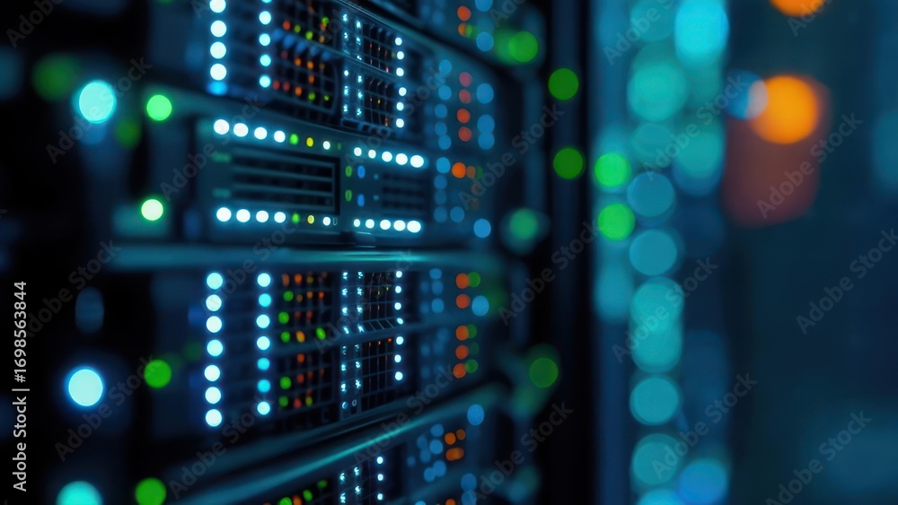 Fototapeta premium Illuminated server rack in a dark room, showcasing technological infrastructure