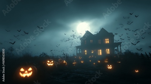 Halloween spooky haunted house glowing pumpkins bats flying cinematic dark foggy night