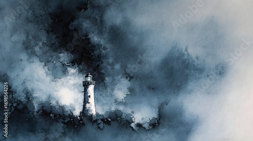 Watercolor painting of a lighthouse in a stormy sea with dark clouds background.