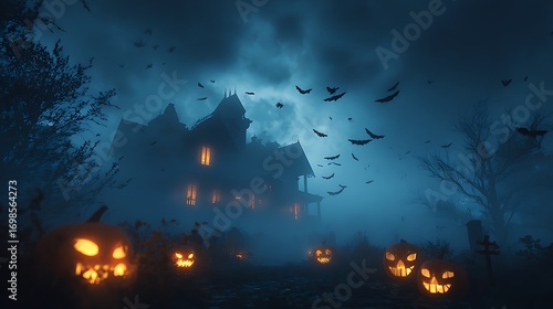 Halloween foggy haunted house glowing pumpkins bats flying cinematic dark spooky night