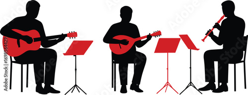 Silhouette of musicians playing guitar, mandolin, and clarinet, seated with music stands, band practice, musical performance, indoor concer