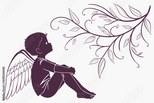 Angel child looking up at a delicate leafy vine