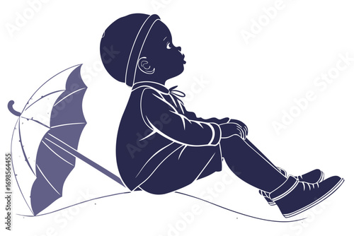 Child in silhouette sitting under an umbrella
